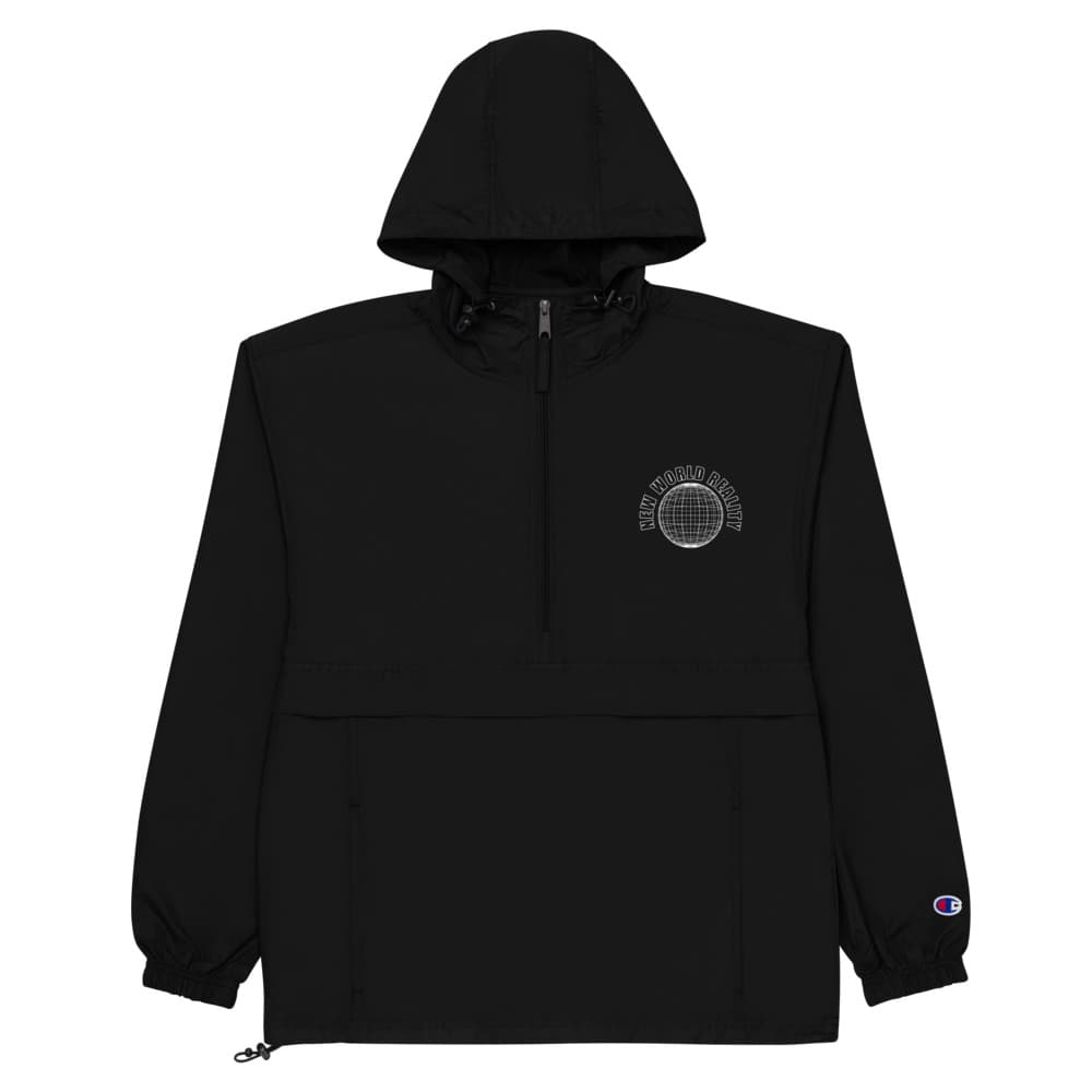 A black polyester jacket with a white globe embroidered on the left chest.